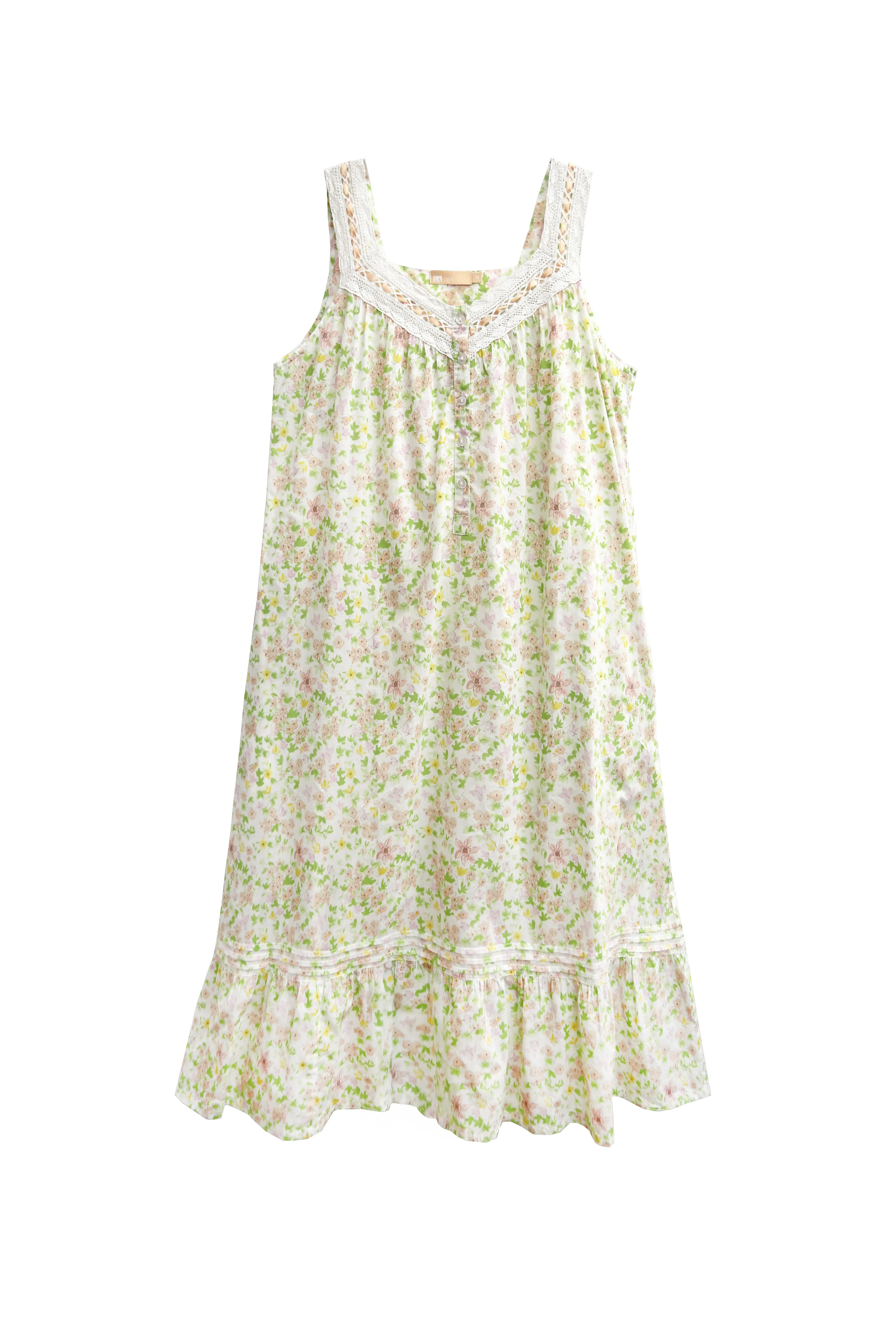 100% Cotton Lace Trim Flounce Gown White Lime Floral Print