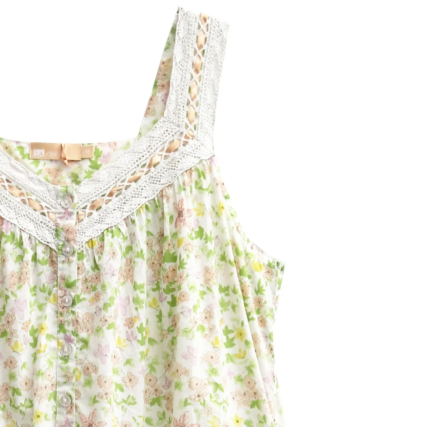100% Cotton Lace Trim Flounce Gown White Lime Floral Print