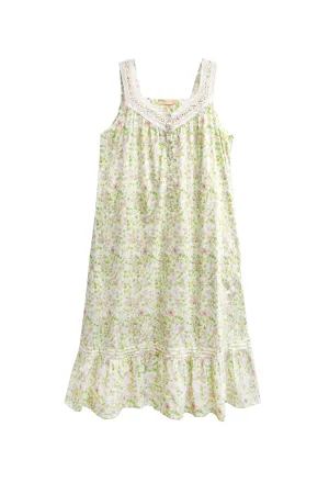 100% Cotton Lace Trim Flounce Gown White Lime Floral Print