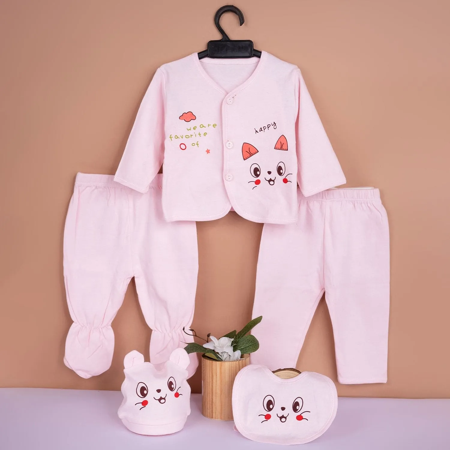 Baby Moo Happy Kitty Print Cap Bib Pyjamas 5 Pcs Clothing Gift Set - Pink