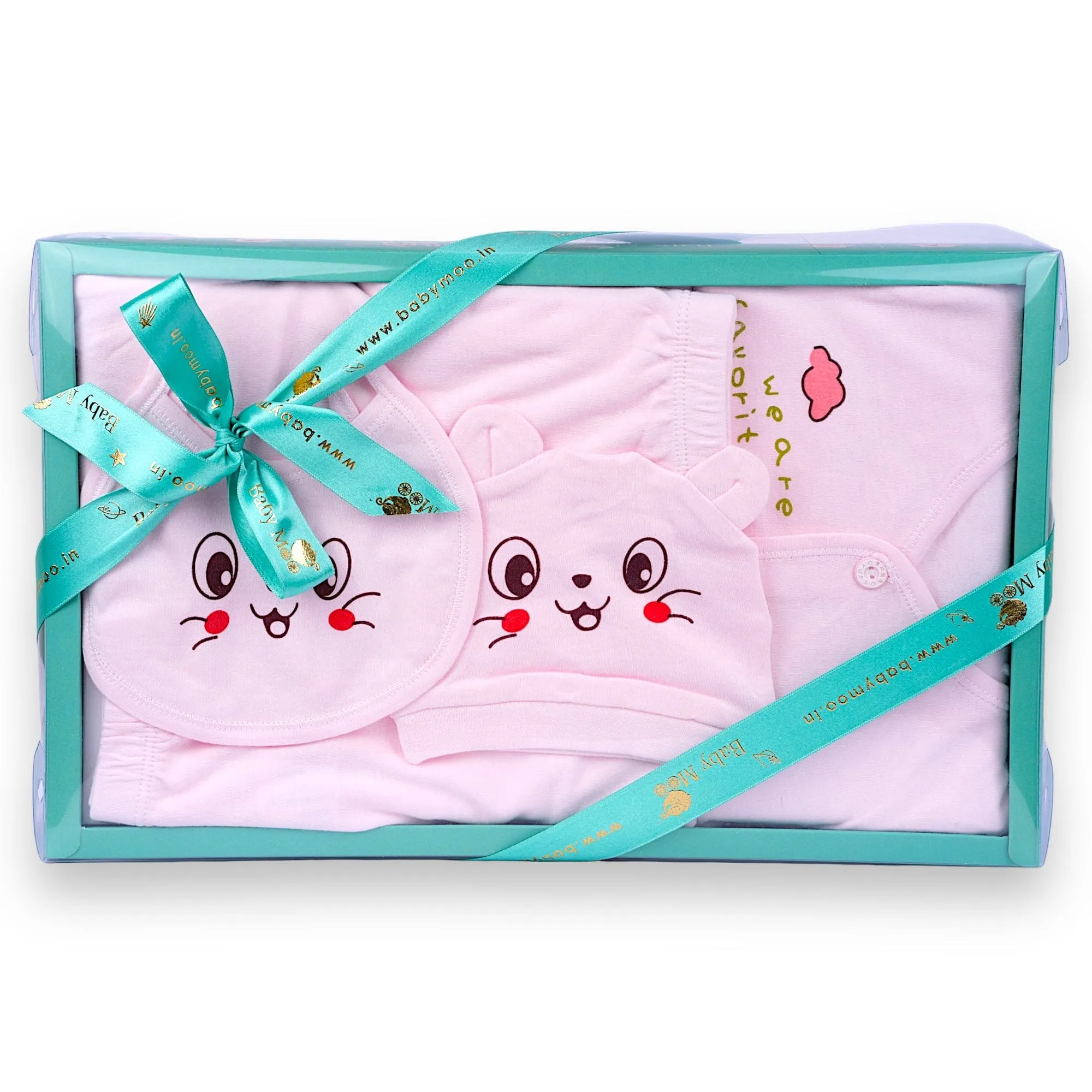 Baby Moo Happy Kitty Print Cap Bib Pyjamas 5 Pcs Clothing Gift Set - Pink