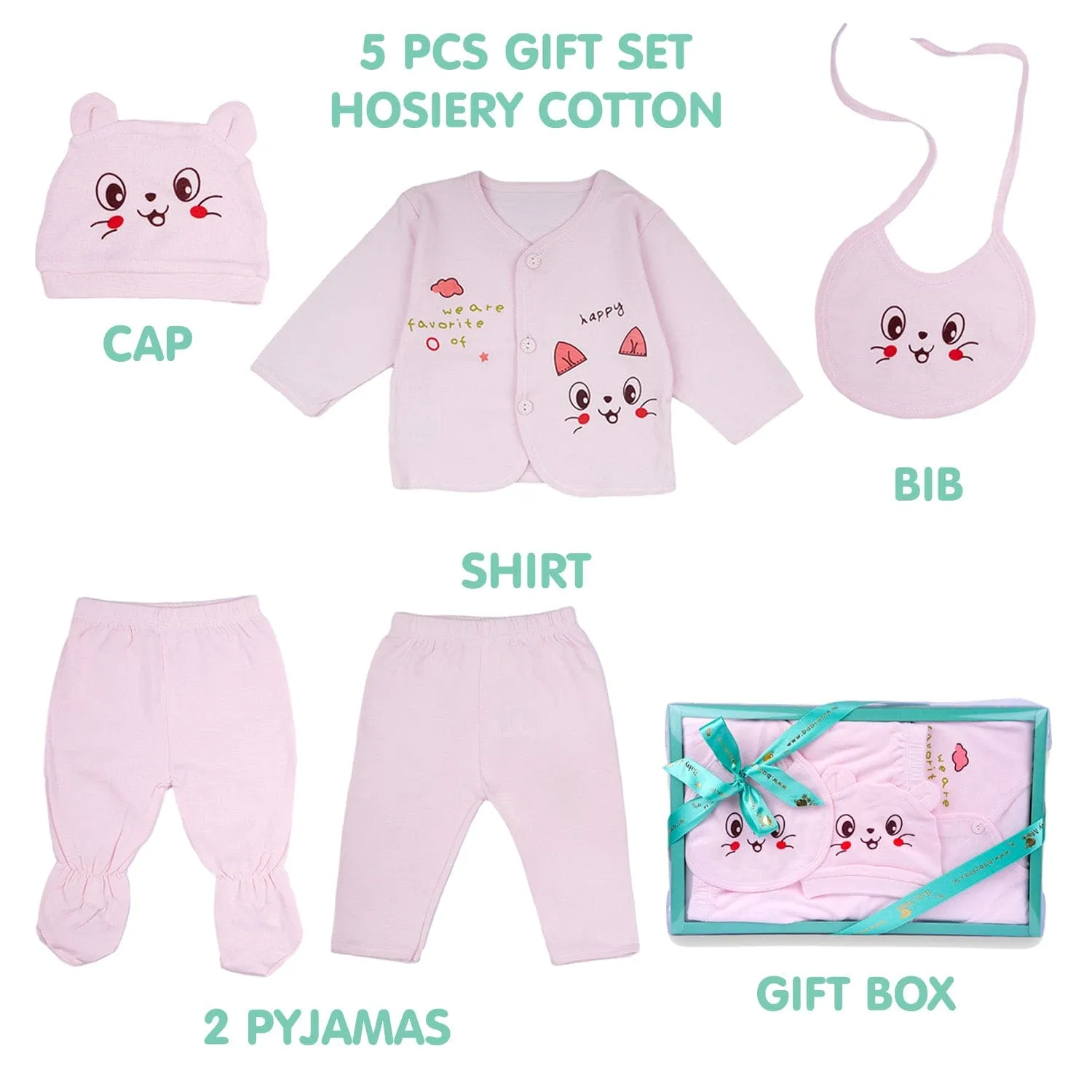 Baby Moo Happy Kitty Print Cap Bib Pyjamas 5 Pcs Clothing Gift Set - Pink