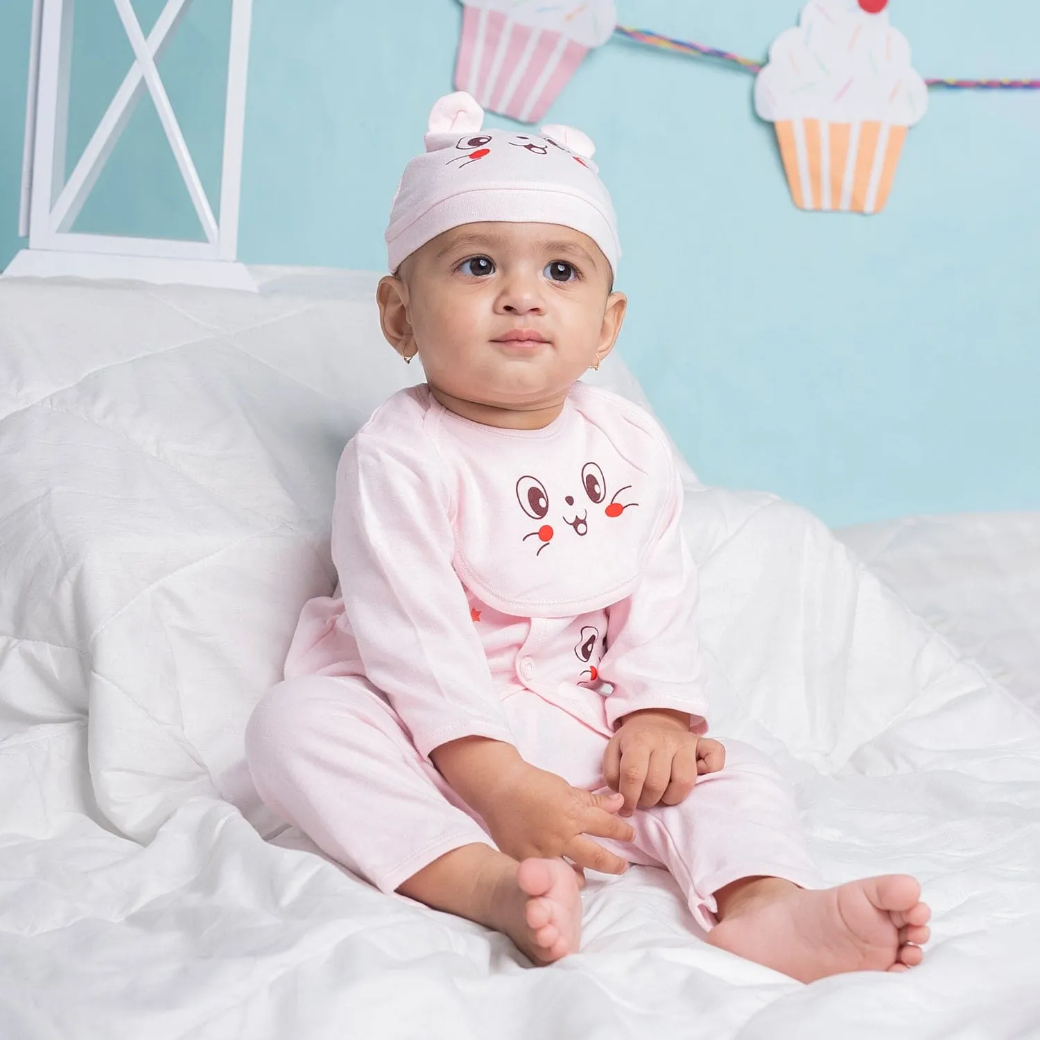 Baby Moo Happy Kitty Print Cap Bib Pyjamas 5 Pcs Clothing Gift Set - Pink