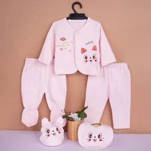 Baby Moo Happy Kitty Print Cap Bib Pyjamas 5 Pcs Clothing Gift Set - Pink