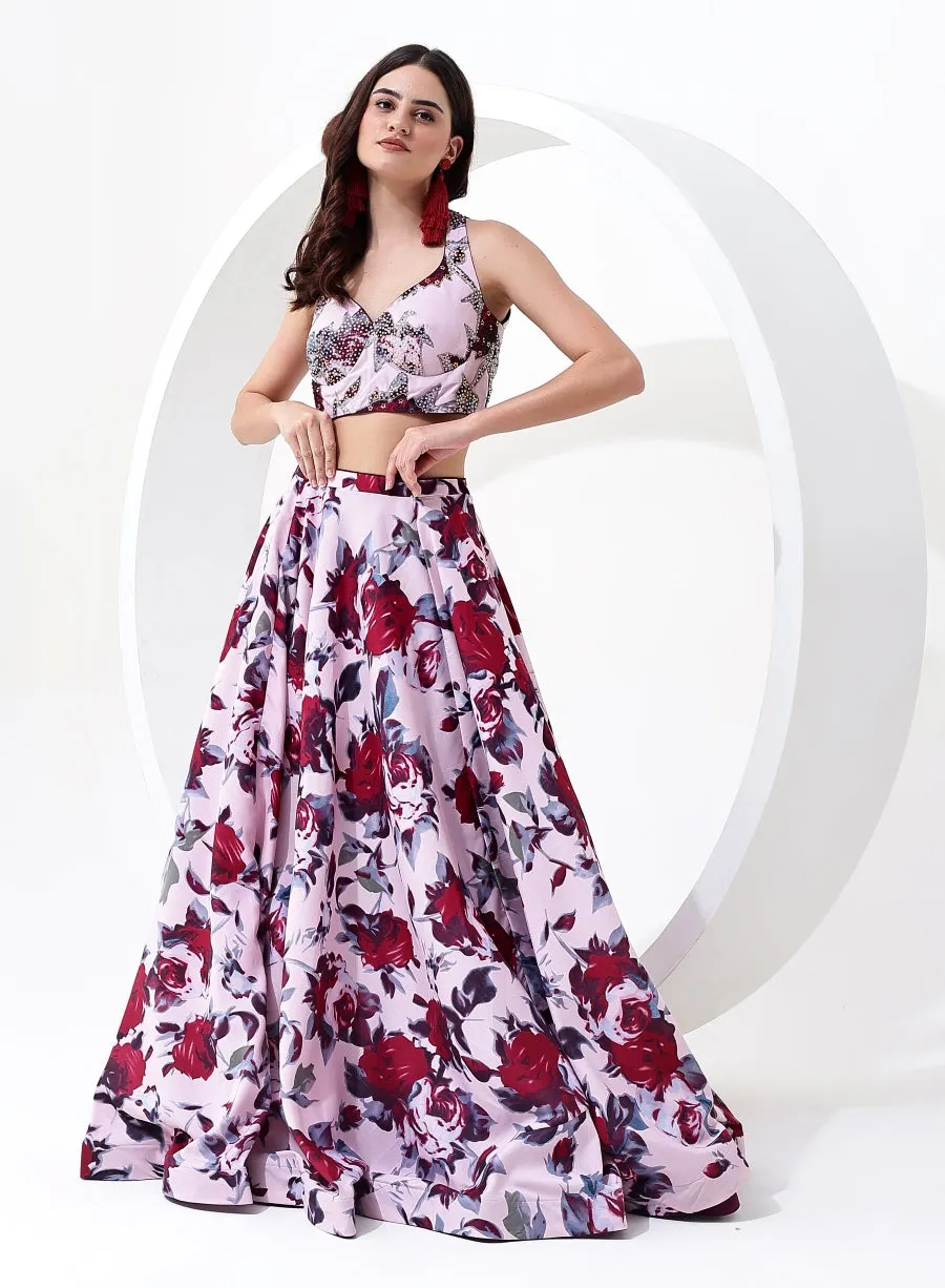 Baby Pink Color with Floral Digital Print Lehenga Choli with Jacket Style Dupatta.