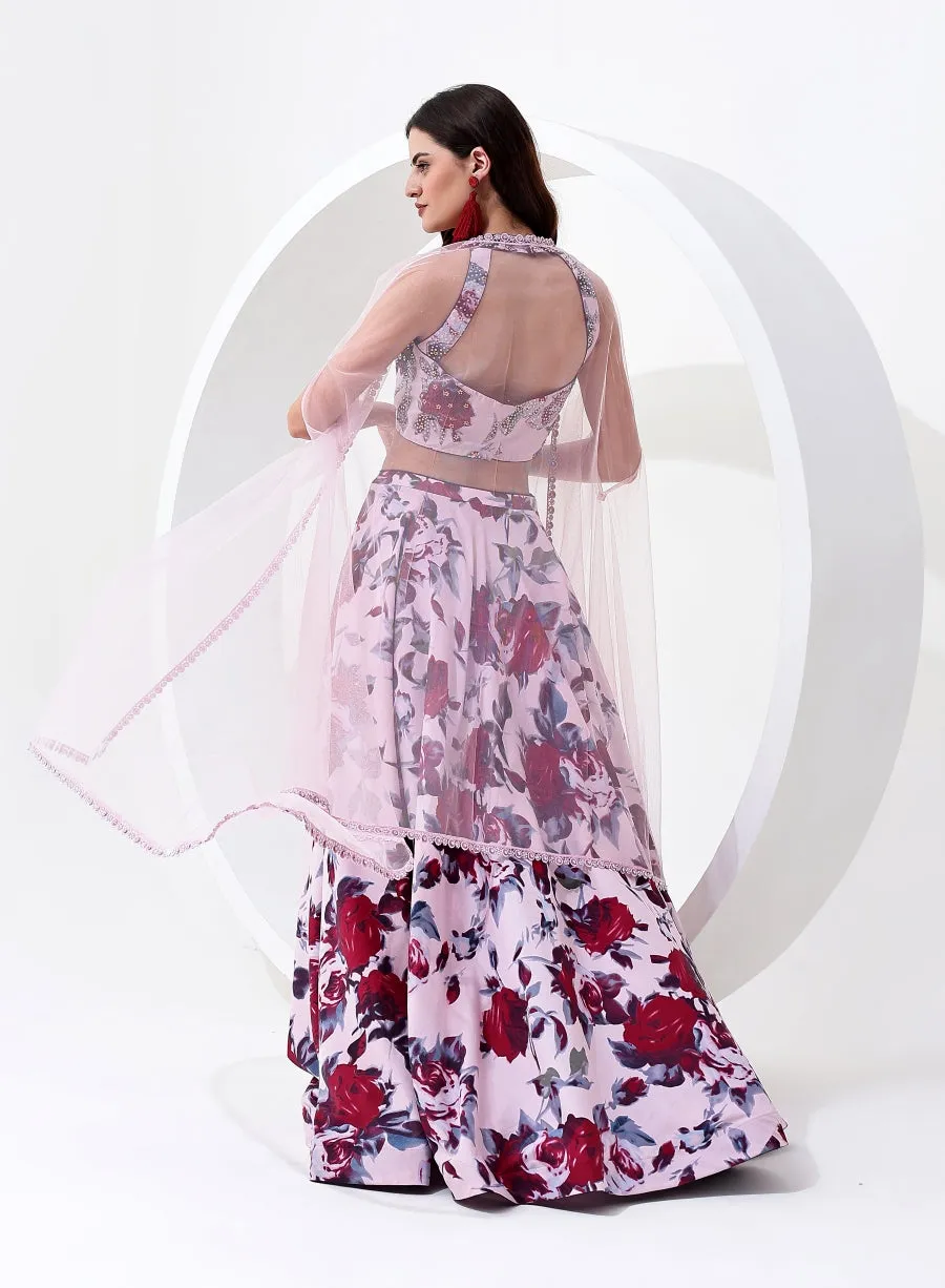 Baby Pink Color with Floral Digital Print Lehenga Choli with Jacket Style Dupatta.