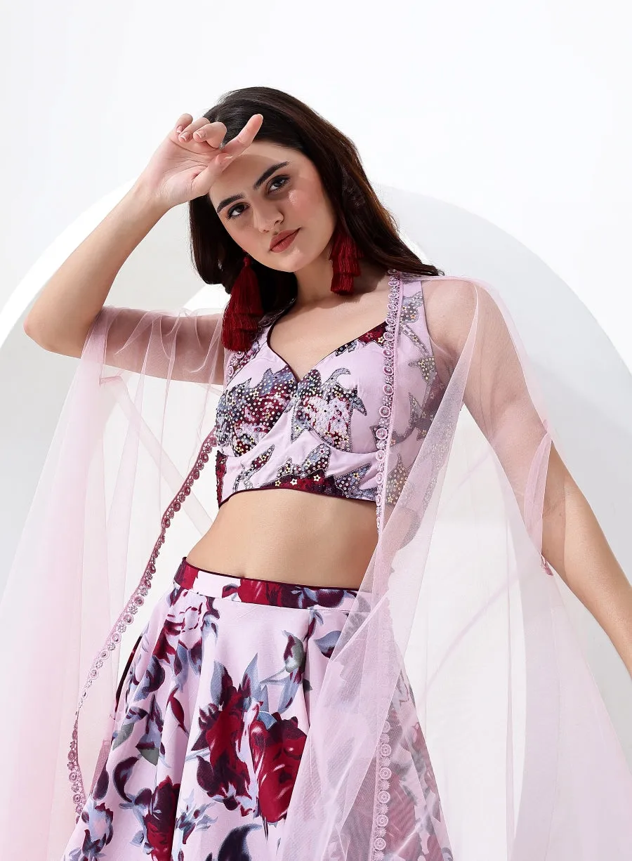 Baby Pink Color with Floral Digital Print Lehenga Choli with Jacket Style Dupatta.