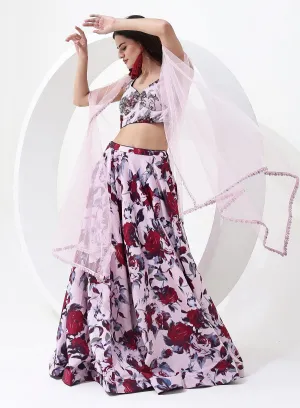 Baby Pink Color with Floral Digital Print Lehenga Choli with Jacket Style Dupatta.