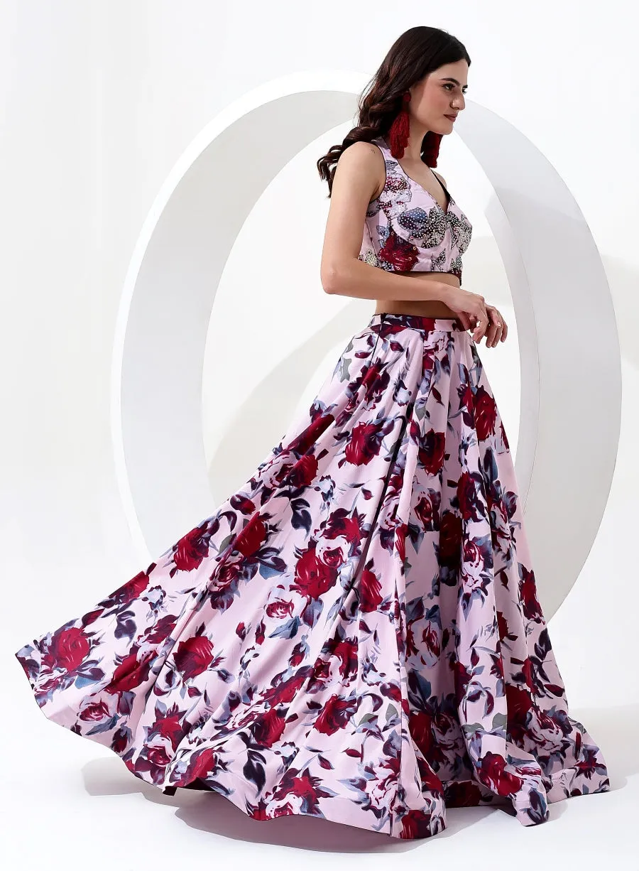 Baby Pink Color with Floral Digital Print Lehenga Choli with Jacket Style Dupatta.