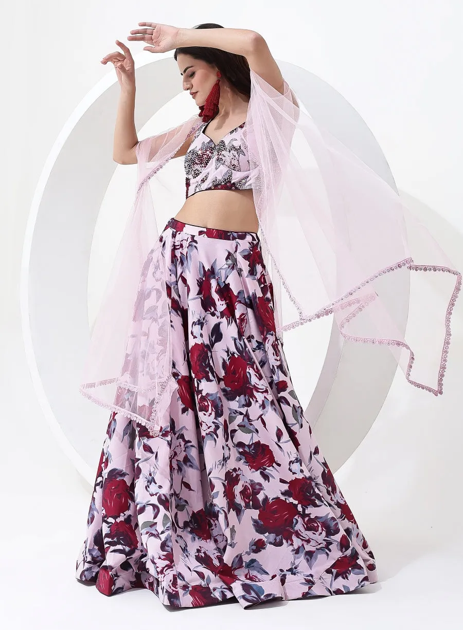 Baby Pink Color with Floral Digital Print Lehenga Choli with Jacket Style Dupatta.