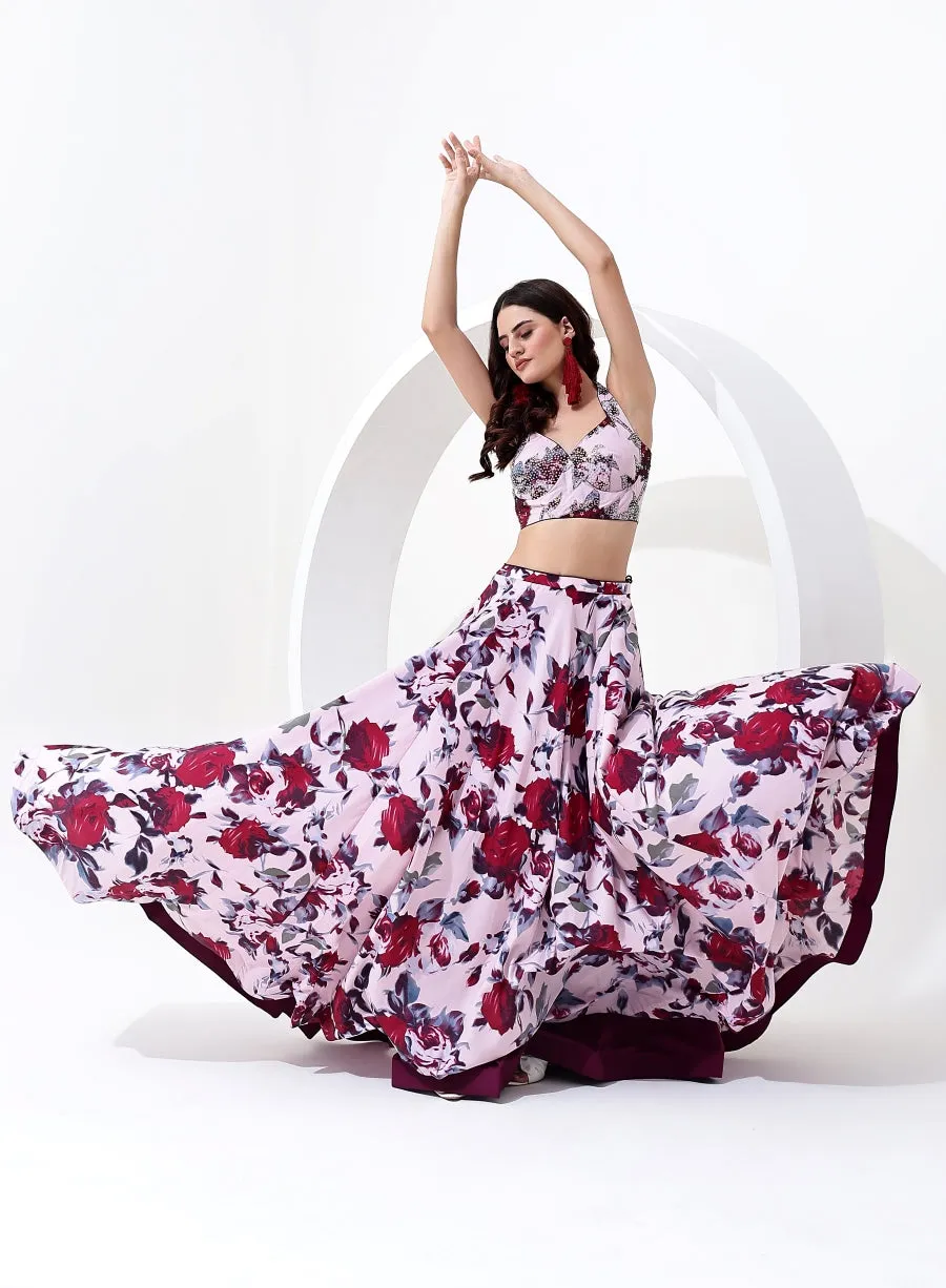 Baby Pink Color with Floral Digital Print Lehenga Choli with Jacket Style Dupatta.