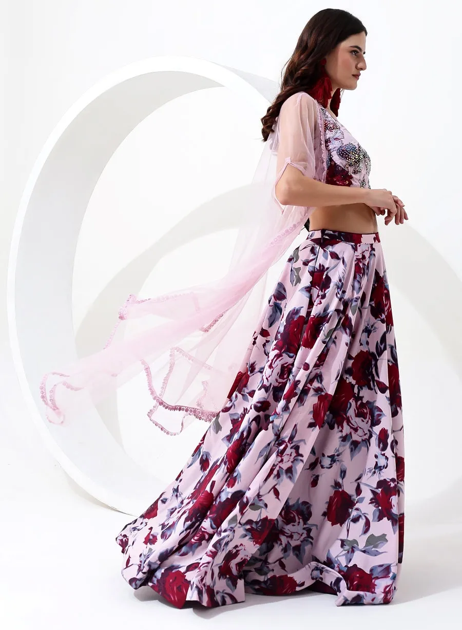 Baby Pink Color with Floral Digital Print Lehenga Choli with Jacket Style Dupatta.