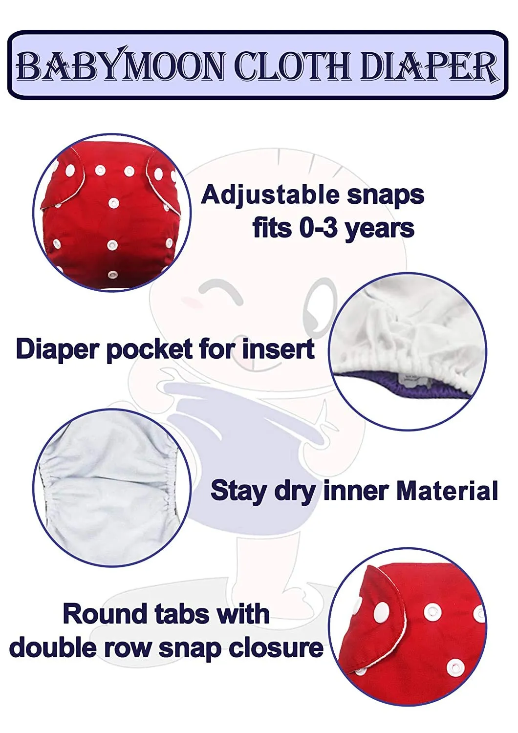 Babymoon Free Size Reusable 5 Cloth Diaper with 5 Grey Insert - Pack of 10