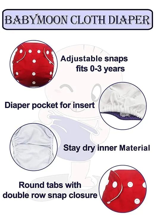 Babymoon | Set of 4 | Cloth Diaper with 5Layers Grey Insert Premium Adjustable Reusable Cloth Diaper | Duck | Pinkdot
