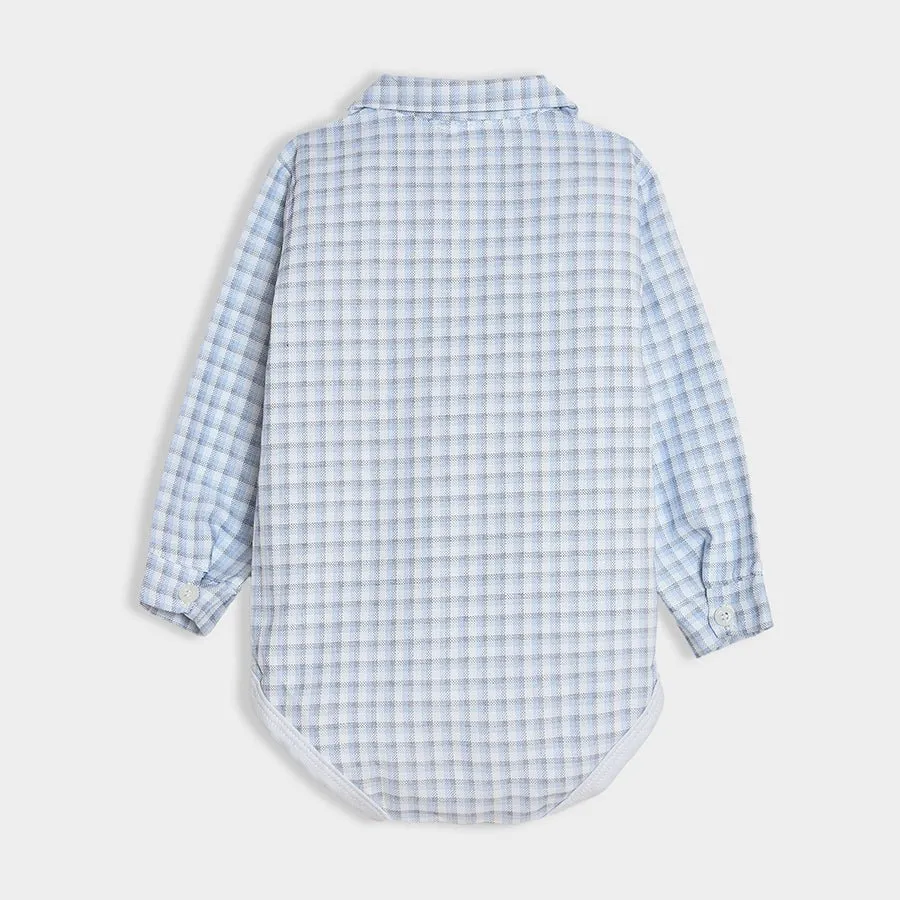 Bloom Woven Blue Check Shirt Style Romper and Grey Trouser