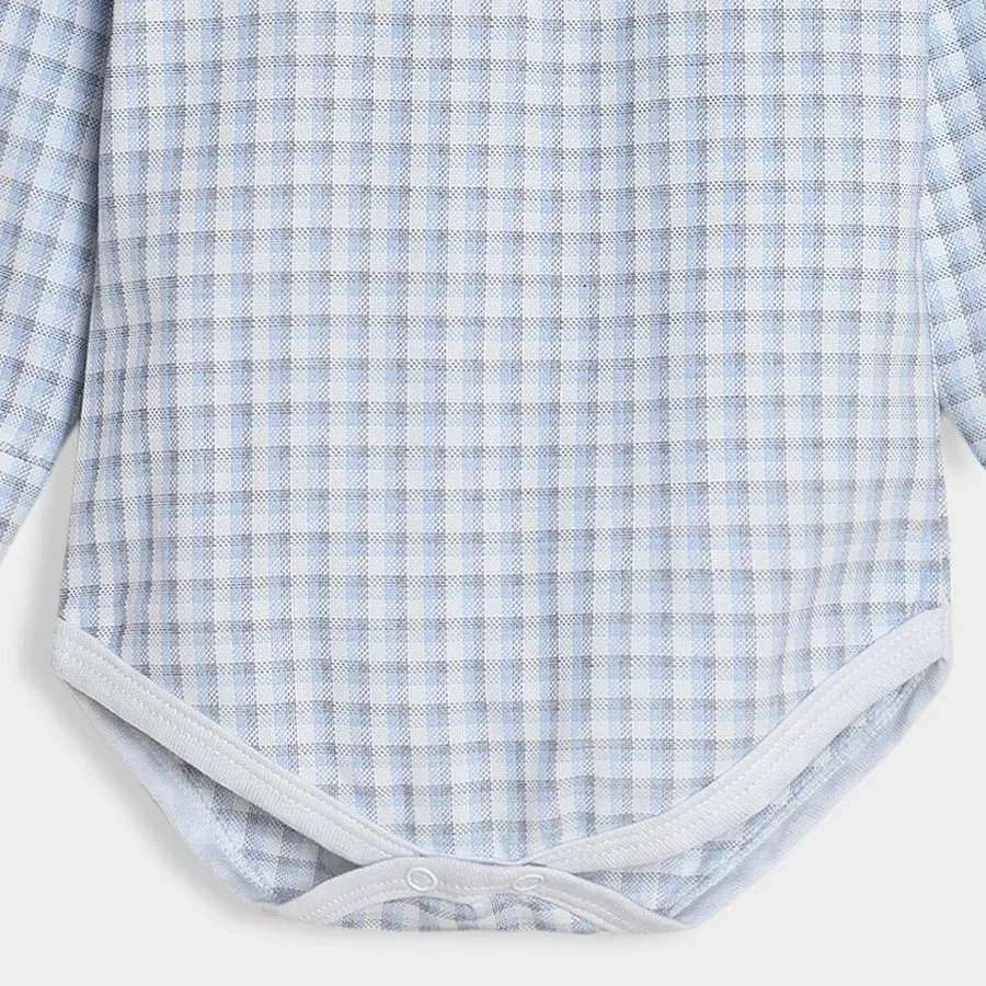 Bloom Woven Blue Check Shirt Style Romper and Grey Trouser