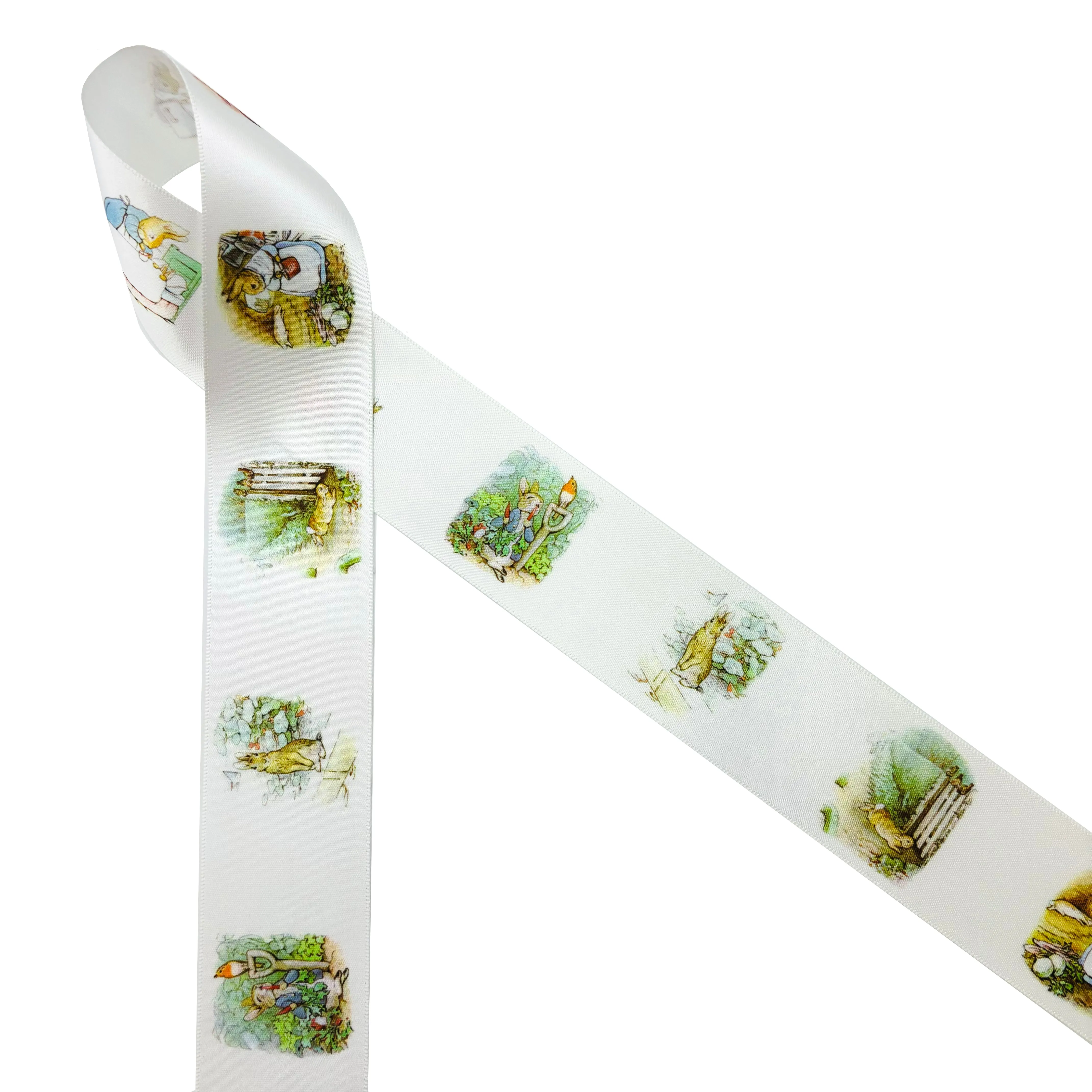 Bunny ribbon, rabbits in a blue jacket of storybook fame printed on 1.5" white satin and grosgrain