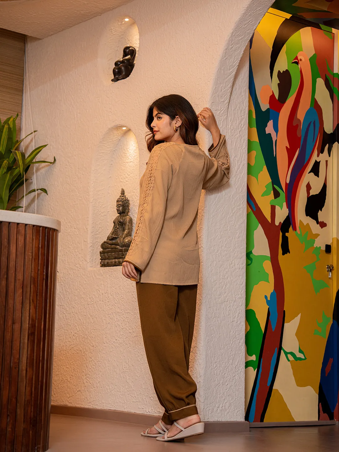 Coffee Brown Soft Crepe Shirt Patiala Co-Ord Set