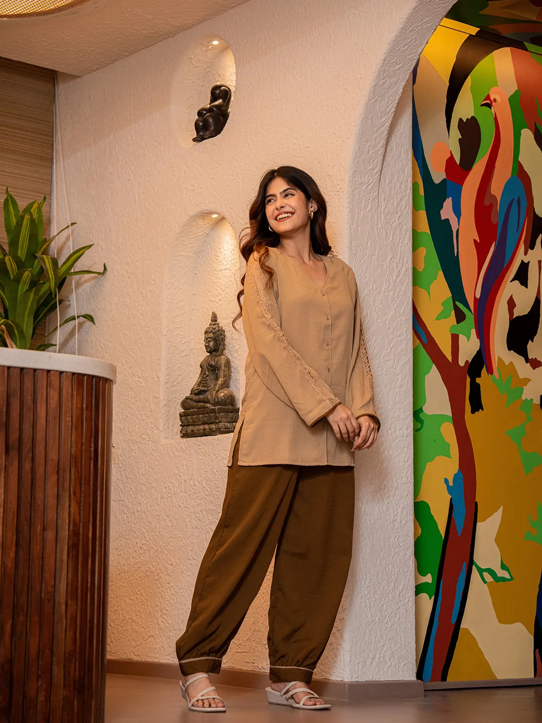 Coffee Brown Soft Crepe Shirt Patiala Co-Ord Set