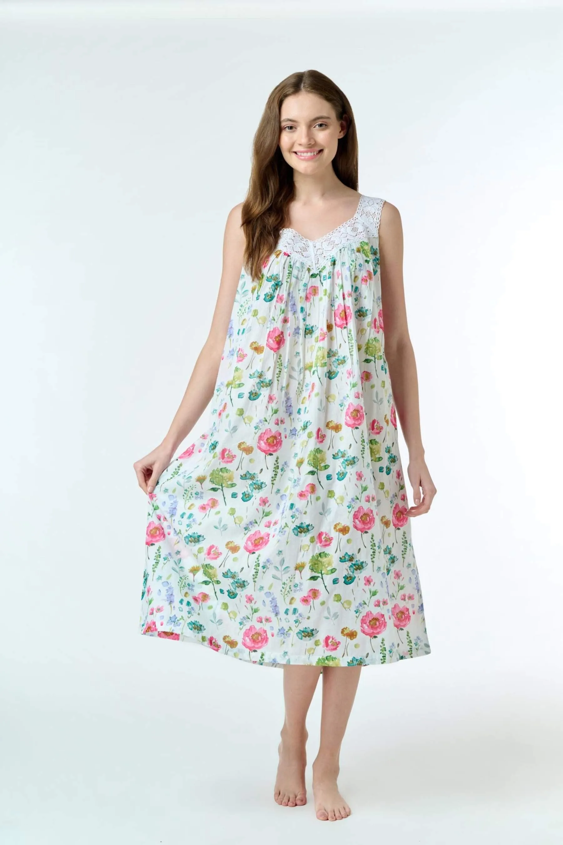 Cotton Nightie | V Neck Lace Pink Floral