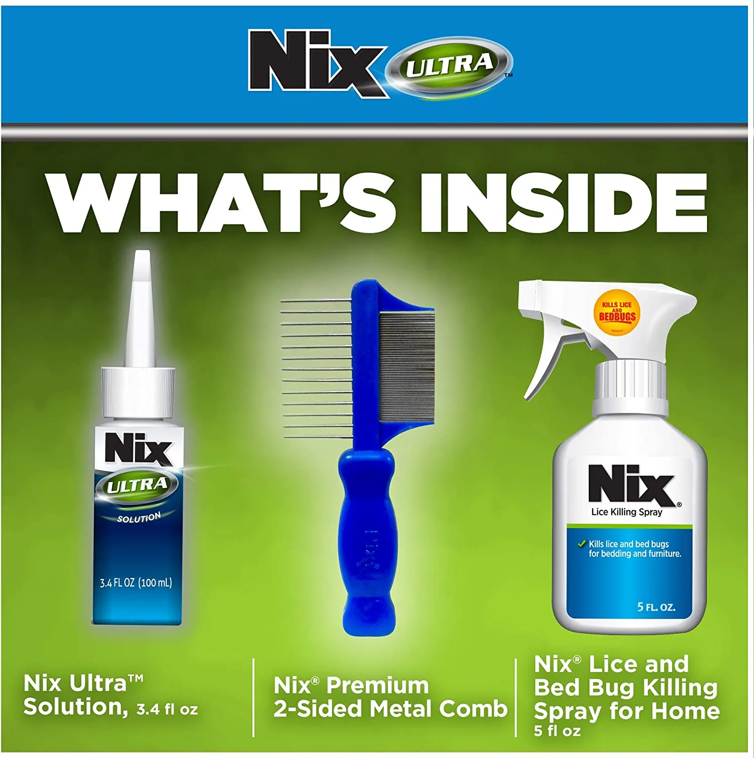Nix Ultra Lice Removal Kit with Super Lice Treatment Solution, Metal Comb & Bed Bug Killing Spray for Home