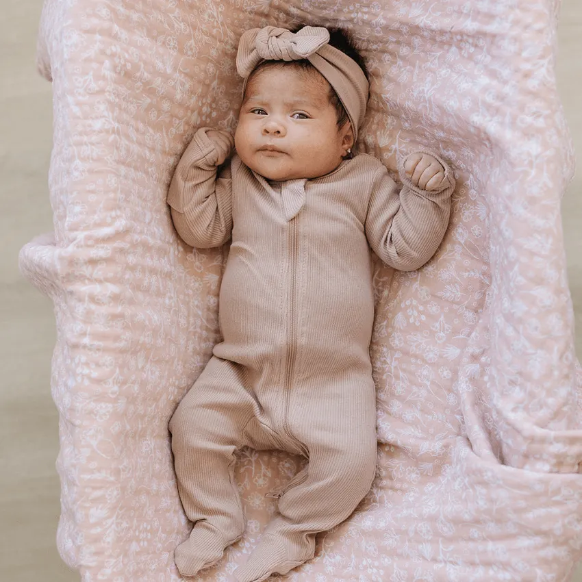 Organic Cotton Ribbed Footed One-Piece Zipper, Pale Pink