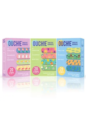 Ouchie Non-Toxic Printed Bandages Triple Combo (60 Pack) - Lavender, Lime Green & Blue