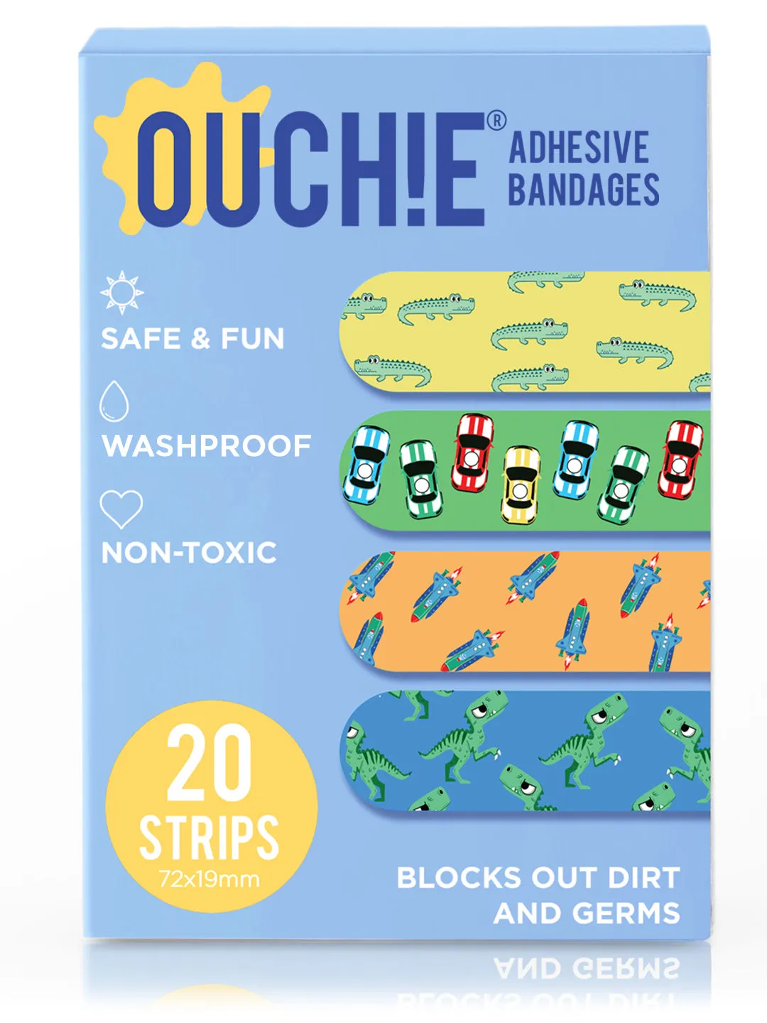 Ouchie Non-Toxic Printed Bandages Triple Combo (60 Pack) - Lavender, Lime Green & Blue