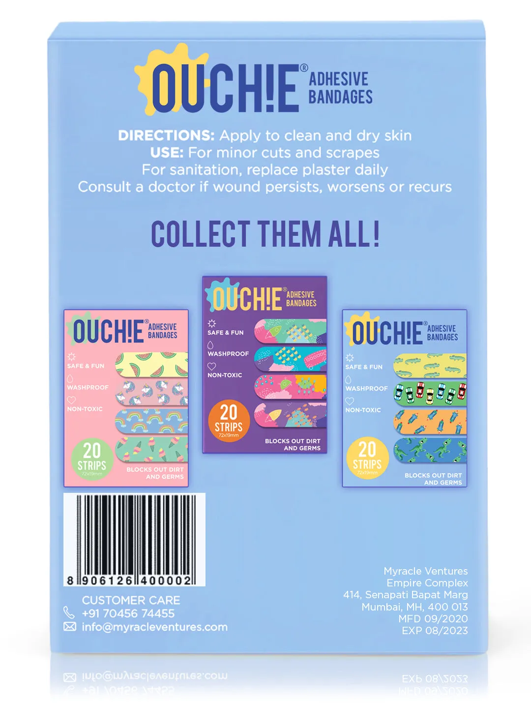 Ouchie Non-Toxic Printed Bandages Triple Combo (60 Pack) - Lavender, Lime Green & Blue