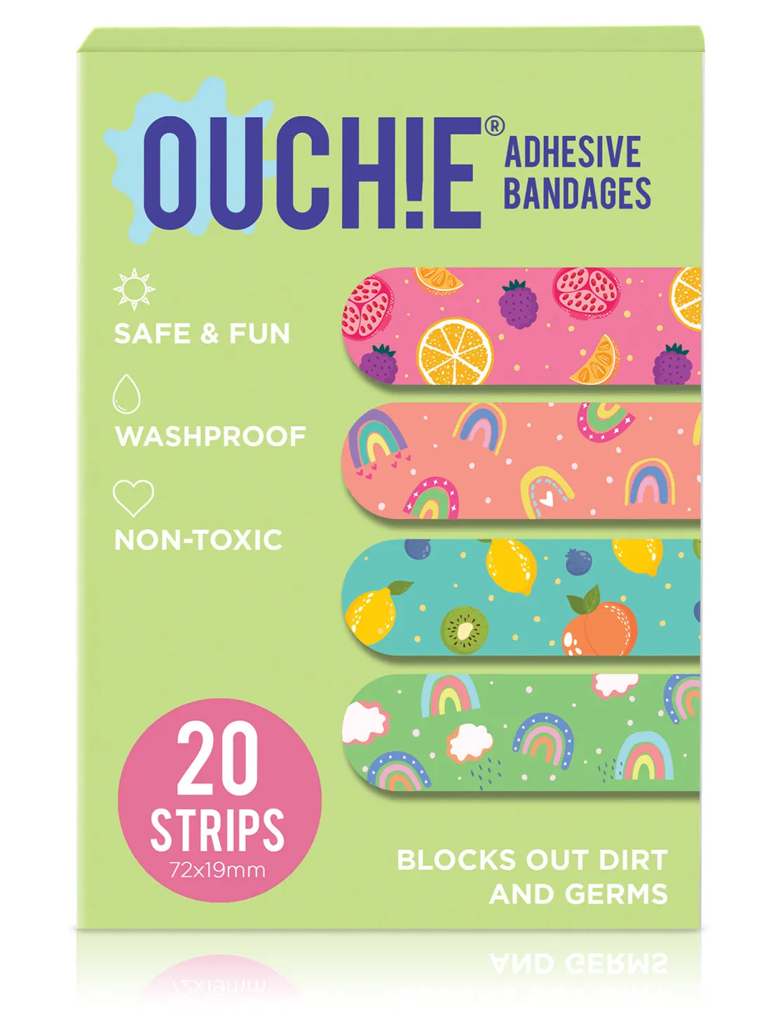 Ouchie Non-Toxic Printed Bandages Triple Combo (60 Pack) - Lavender, Lime Green & Blue