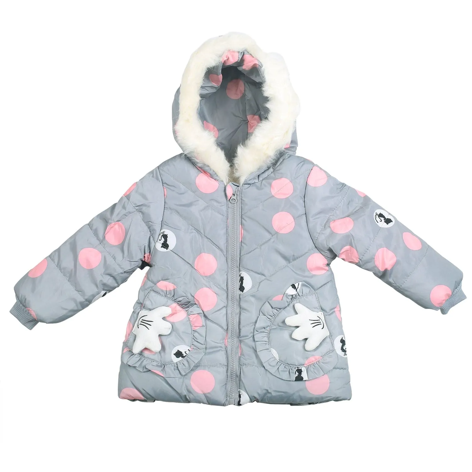 Polka Dotted Grey Hooded Full Sleeve Padded Jacket