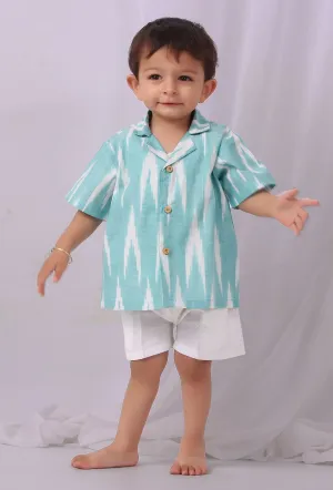 Teal Blue  Ikat Half Sleeves Shirt