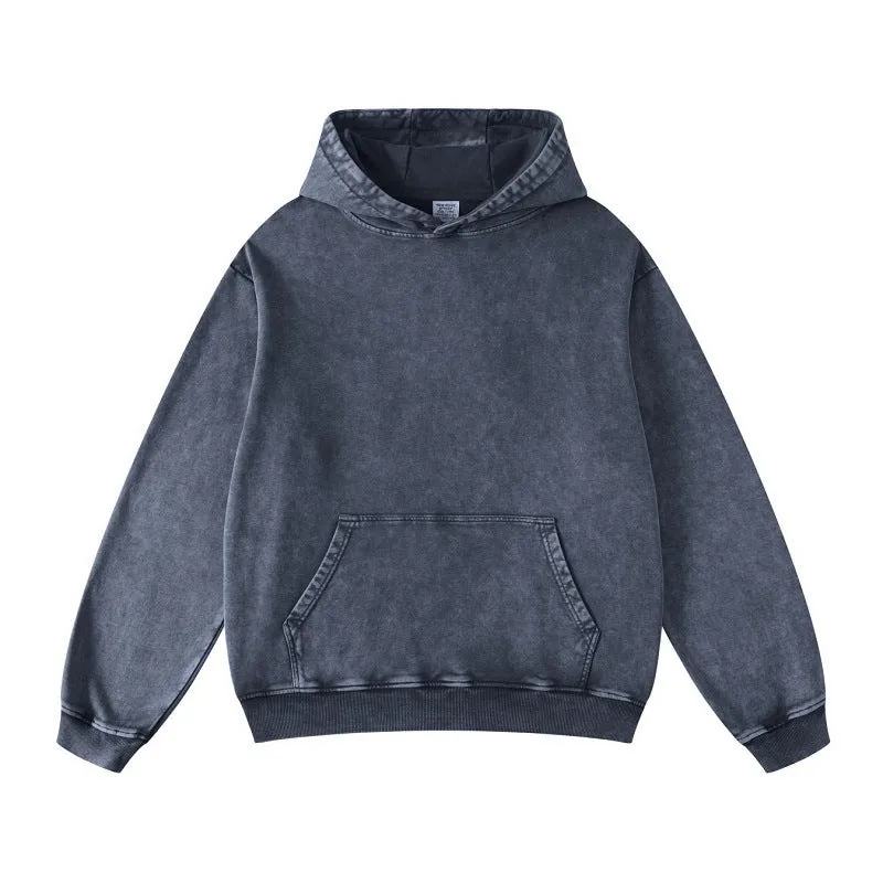 Unisex Thickened Washed Old Gradient Solid Color Batik Hooded Sweatshirt For Men or Women
