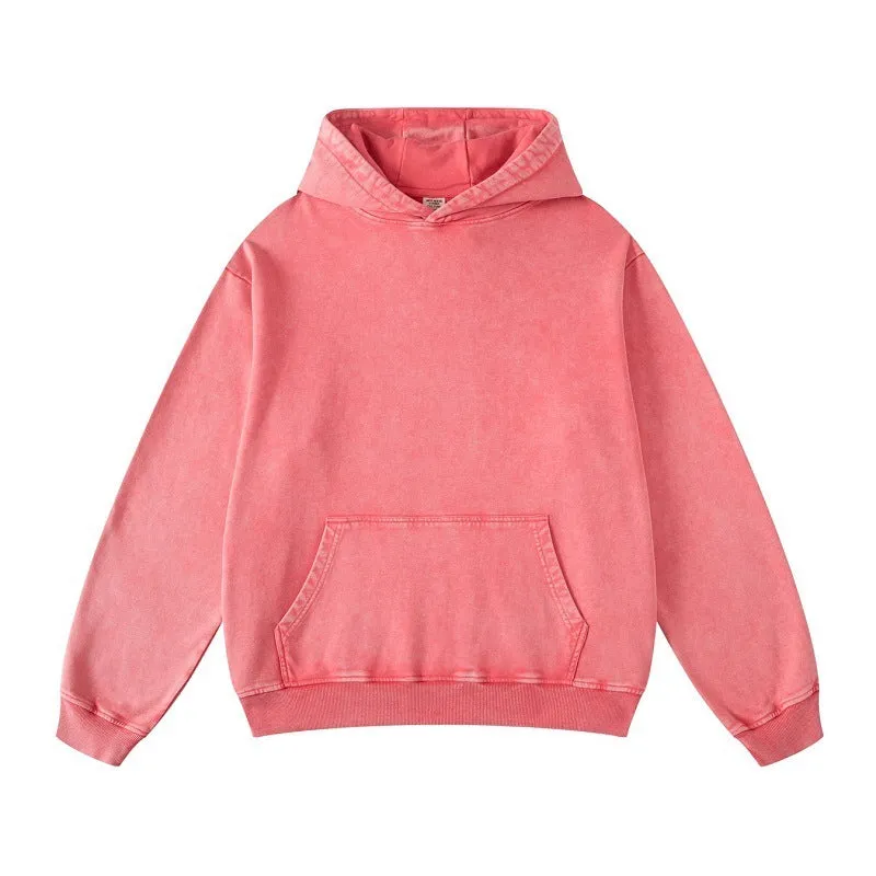 Unisex Thickened Washed Old Gradient Solid Color Batik Hooded Sweatshirt For Men or Women