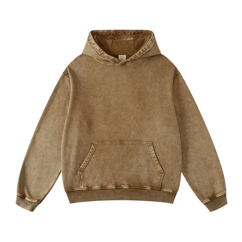 Unisex Thickened Washed Old Gradient Solid Color Batik Hooded Sweatshirt For Men or Women