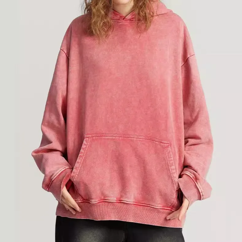 Unisex Thickened Washed Old Gradient Solid Color Batik Hooded Sweatshirt For Men or Women