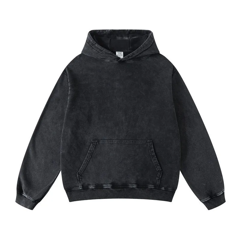 Unisex Thickened Washed Old Gradient Solid Color Batik Hooded Sweatshirt For Men or Women