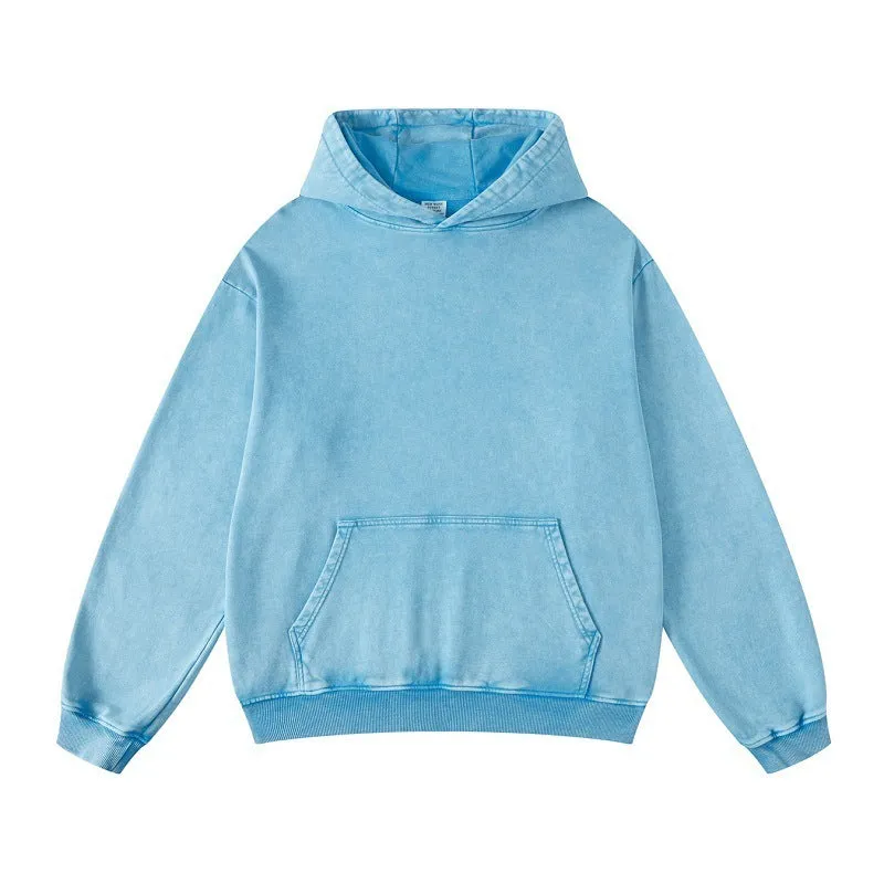 Unisex Thickened Washed Old Gradient Solid Color Batik Hooded Sweatshirt For Men or Women