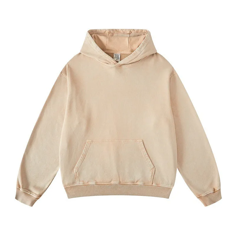 Unisex Thickened Washed Old Gradient Solid Color Batik Hooded Sweatshirt For Men or Women