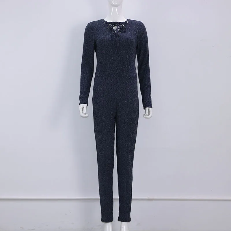 Women Long Sleeve V Cross Bandage Neck Knitted Bodycon Jumpsuit