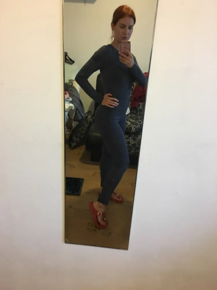 Women Long Sleeve V Cross Bandage Neck Knitted Bodycon Jumpsuit